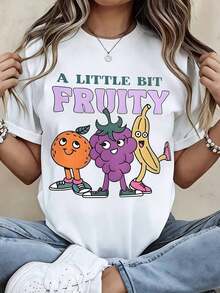 Women's Casual T-Shirt, Loose Fit, Round Neck, Short Sleeve, Cartoon Fruit Print, For Daily Wear, Summer Clothes, 100% Cotton, Durable - 白色 - 查看 7