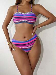 4 piezas Conjunto de bikini con parte superior fruncida con estampado geométrico de moda y Bottom con estampado geométrico, cubrecostillas con flecos multicolor y shorts, conjunto de bikini de carnaval de verano, playa de verano - Morado - Ver 5