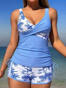 Swim Lushoire Bikini de vacaciones de primavera para mujer con estampado tropical de plantas, short tipo niño relajado y correas de espagueti que incluye traje de baño - Celeste - Ver 6