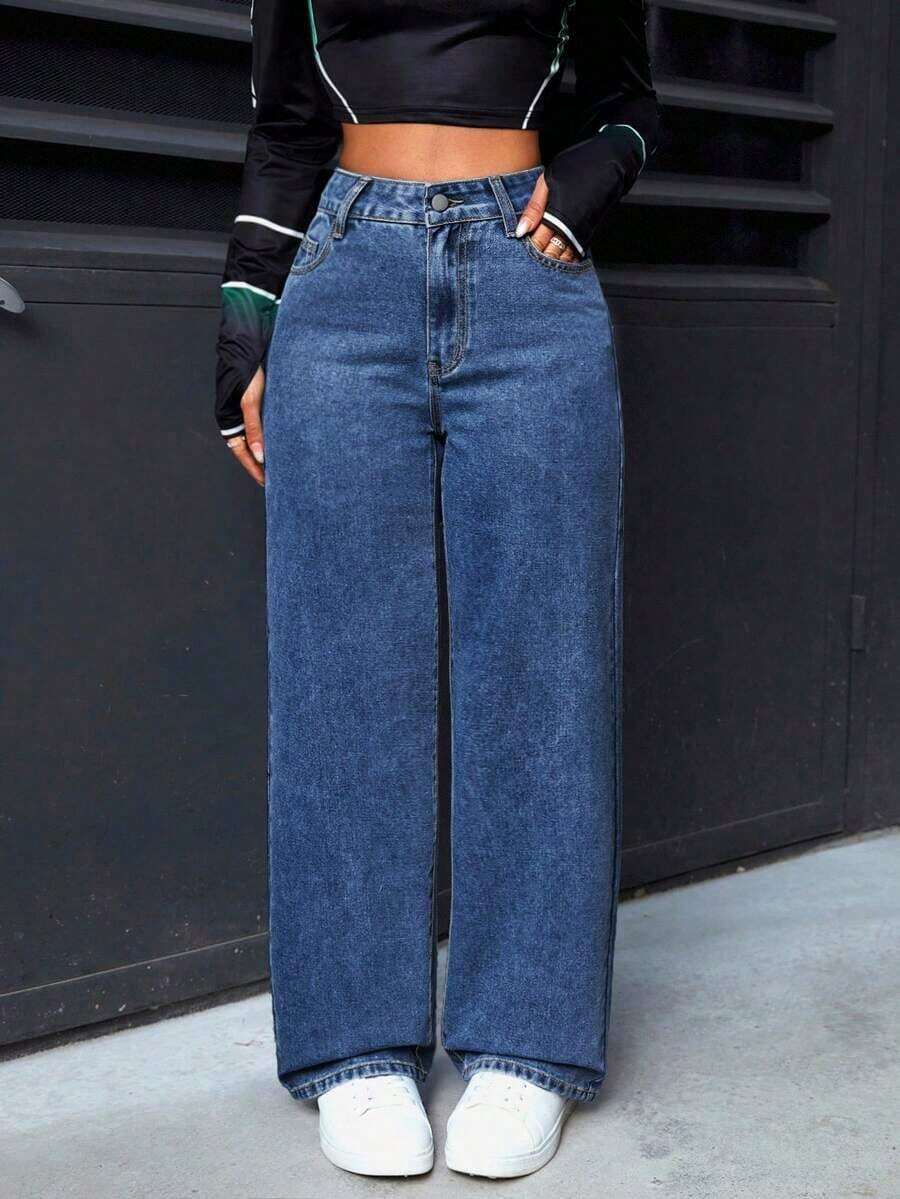 PETITE Jeans rectos de pierna suelta y lavados para mujer - Azul lavado medio - Ver 1