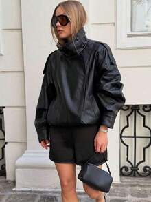Chaqueta de cuero sintético vintage de motocicleta para mujer 2026, con cuello alto, cremallera y parches, corte holgado para invierno - Negro - Ver 6