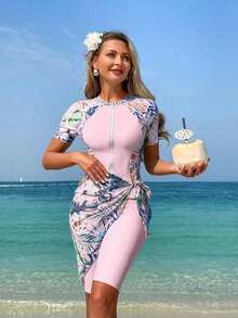 Swim  Set de 3 piezas: Top de bikini de manga corta con estampado floral, shorts y cubrecuerpo para mujer de estilo de Oriente Medio, traje de baño con camiseta de protección solar, traje de baño con cubrecuerpo de 2 piezas, traje de baño para mujer, llegada de traje de baño de mujer 2026 para la escuela, adecuado para vacaciones, citas, té de la tarde, estilo occidental, cruceros, playa, isla, viajes por carretera, todas las estaciones - Rosa Pálido - Ver 5