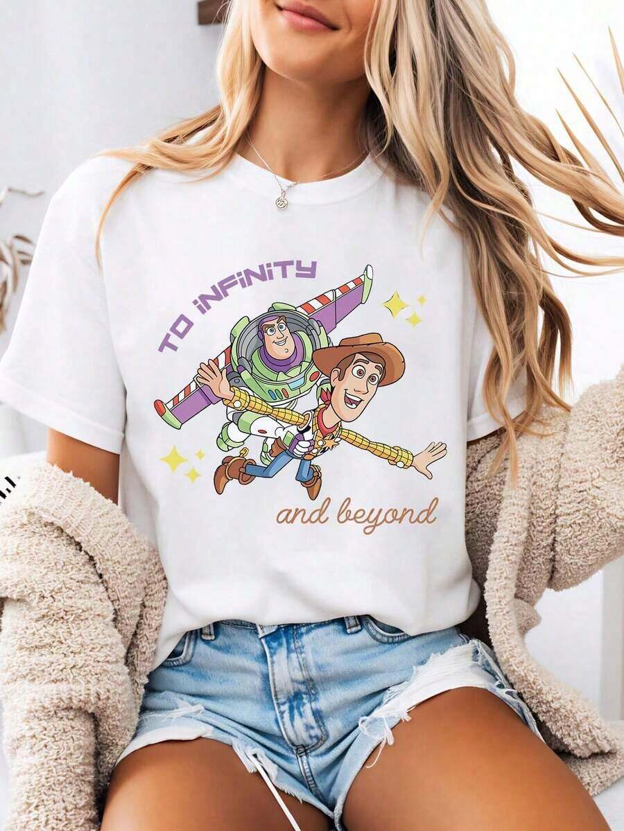 Disney-Style Women's Graphic Tee Featuring A Toy Story Print Of Buzz Lightyear And Woody In Flight. This Women's Summer Round-Neck Tee Is Crafted From Soft, Comfortable 100% Cotton Fabric, Perfect For Everyday Wear, Outdoor Activities, Or Shopping Outings. It Also Makes An Ideal Women's Vacation Outfit. - White - View 1