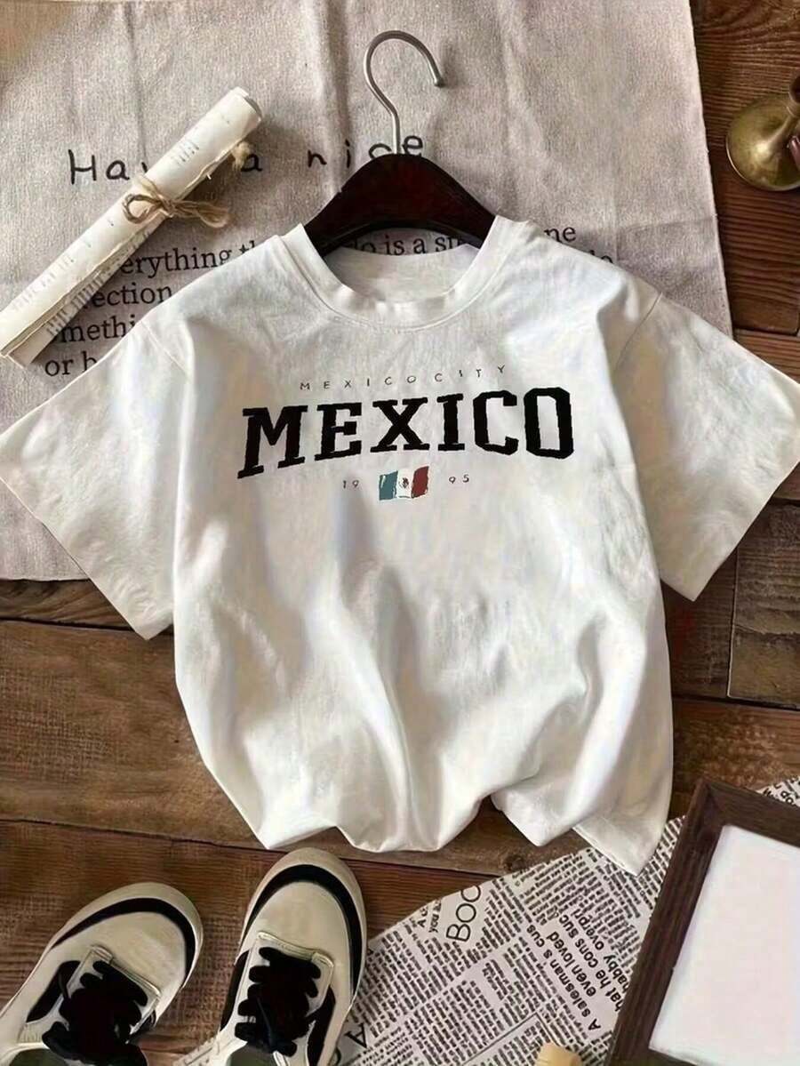 Nueva camiseta de cuello redondo para mujer, manga corta, holgada, casual y versátil con motivos mexicanos , tejido suave y de buena caída blusas para mujer playeras de mujer blusas casuales para dama - Blanco - Ver 1