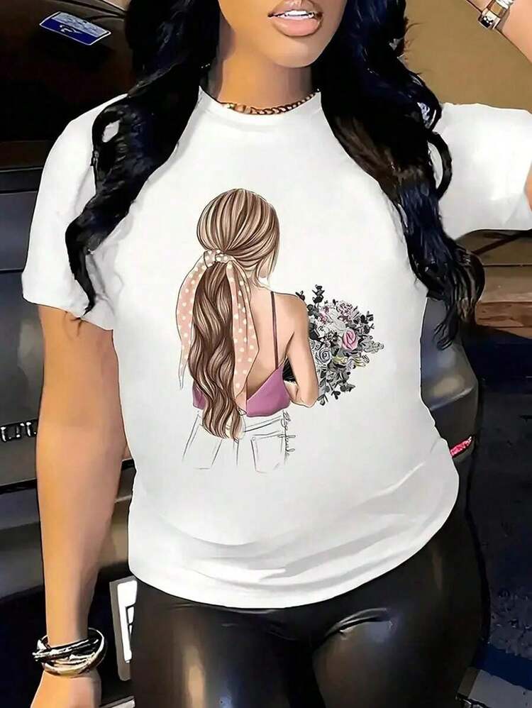 Girls' Printed Crew Neck T-Shirt, Casual Short-Sleeved T-Shirt For Spring And Summer, Women's Clothing - 白色 - 查看 1