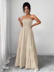 Vestido de verano casual sin tirantes para mujer - Caqui - Ver 3