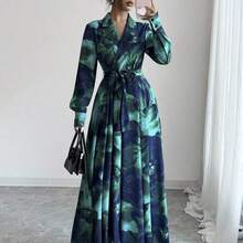 Women's Lapel NeckWaist Bowknot Floral Print Long Sleeve Dress Fall Cloth For Women - Multicolor - Ver 8