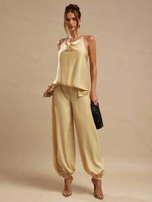 Women's Satin Palazzo Pants, Elegant Loose-Fitting Ginger Yellow Trousers, Suitable For Going Out, Brunch, Summer, Weddings, Honeymoon, Beach Vacation - 黃色 - 查看 2
