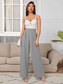 PETITE Pantalones De Vestir De Pierna Ancha Con Pliegues En La Cintura Alta - Gris - Ver 4