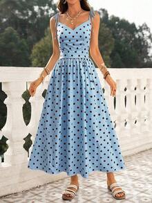 Vestido de playa para mujer con cuello en V, espalda descubierta, cintura ceñida y bajo suelto - Azul - Ver 4