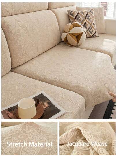 1pc Khaki Jacquard Sofa Cushion Cover, Non-Slip Elastic Sofa Slipcover, Removable & Washable Sofa Protector, Fits L-Shaped Sofa And 1/2/3/4 Seater Sofa, All Season Use