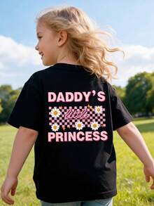 Rundhals-T-Shirt für Kleine Mädchen mit Buchstaben- und kleinen Gänseblümchen-Muster - Schwarz - Übersicht 1