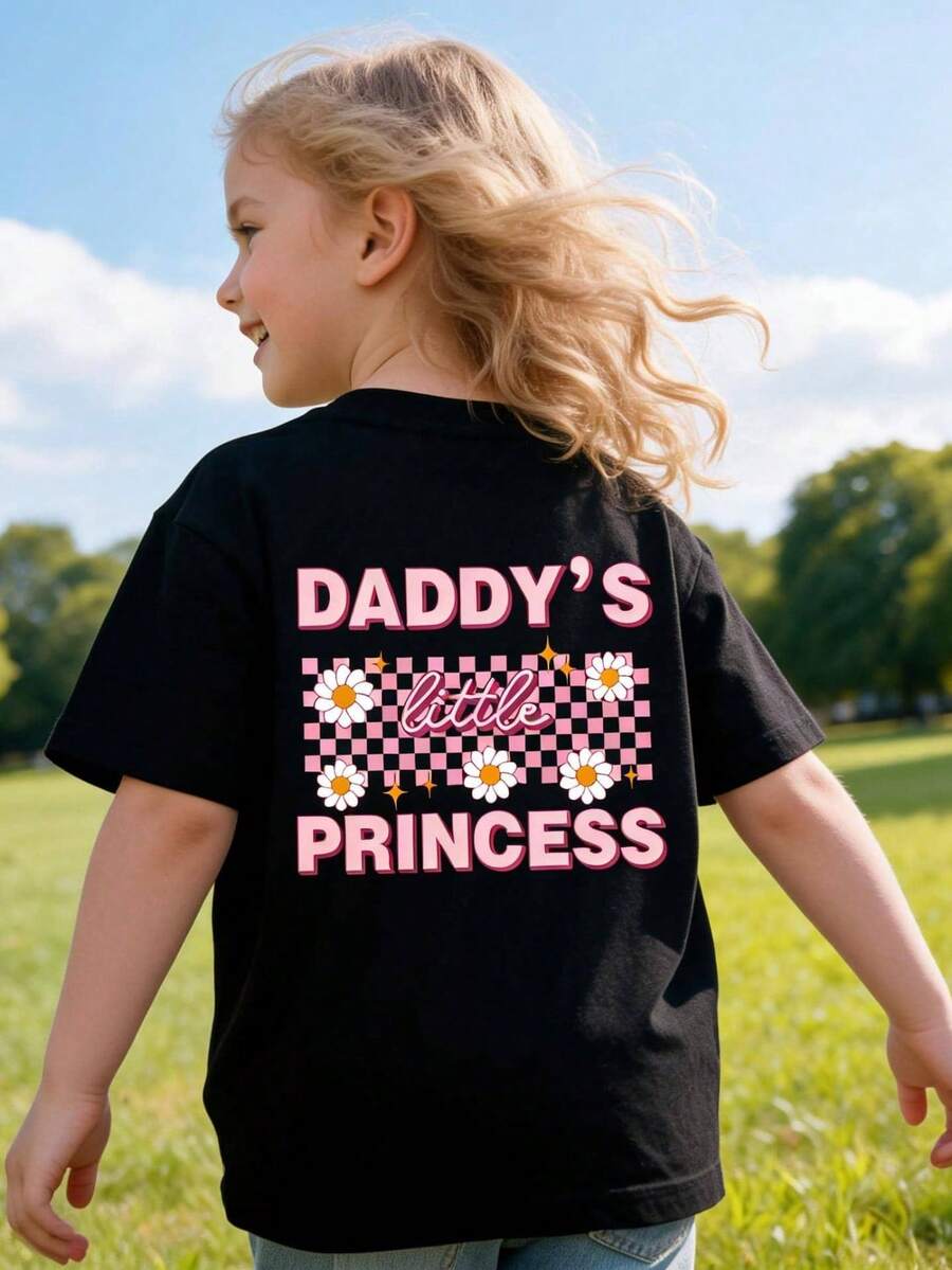 Rundhals-T-Shirt für Kleine Mädchen mit Buchstaben- und kleinen Gänseblümchen-Muster - Schwarz - Übersicht 1