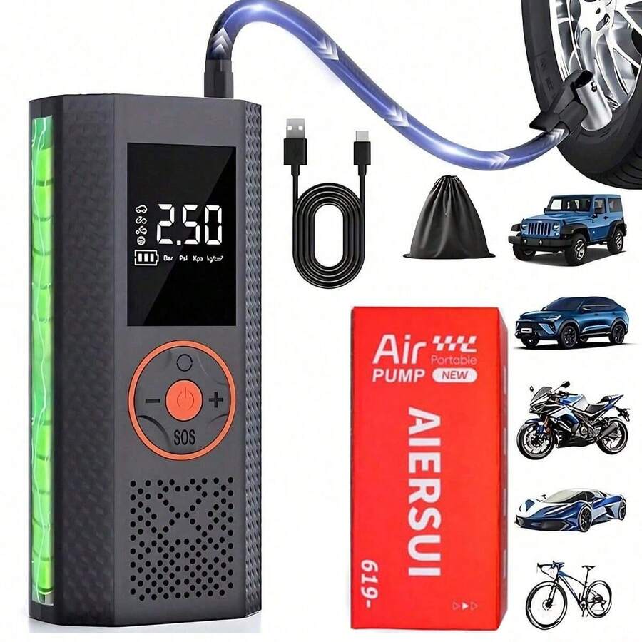 汽車用多功能便攜式充氣機，附數位壓力錶與行動電源 - 汽車配件。150 PSI 無線手持式汽車充氣幫浦，附 LED 燈 7.4V 2000mAh 智慧充氣幫浦，適用於汽車/摩托車/自行車/球類