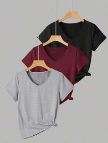 3 piezas Camiseta de mujer de cuello en V de manga corta, tops casuales versátiles clásicos, moda minimalista, adecuada para exteriores, fiestas, estudiantes, maestros, uso diario - Multicolor 7 - Ver 6