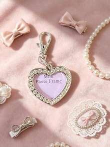 1 pièce Étiquette d'identification pour animaux de compagnie en alliage de zinc en forme de cœur avec strass, peut contenir une photo, étiquette anti-perte pour chat/chien, pendentif avec fermoir en forme de bouche de poisson, cadre photo miniature, cadeau pour mère, père, remise de diplôme et enseignant - Rose bonbon - Voir 9