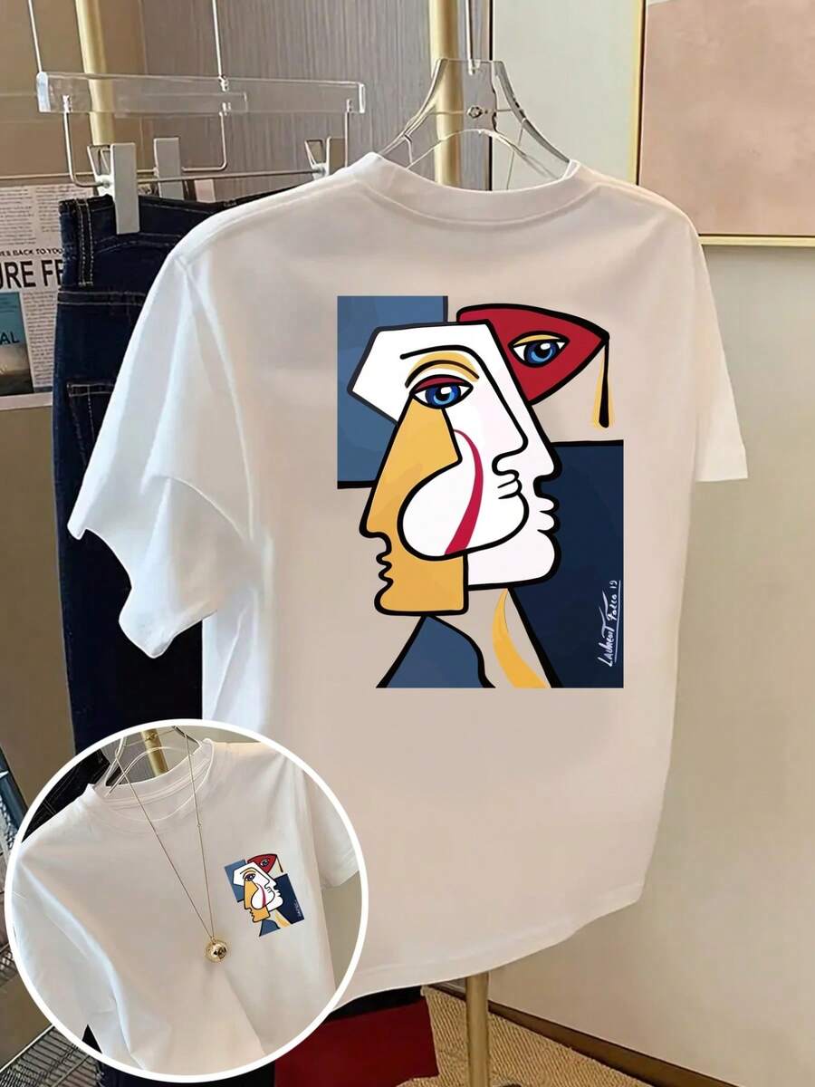 Short-Sleeved T-Shirt With Front And Back Print - Picasso, Cubist Fashion Print - Men's Printed T-Shirt For Spring/Summer, Fashionable Item, Casual Blouses For Women, Women's Blouses, Women's T-Shirts - 白色 - 查看 1