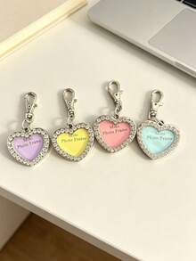 1 pièce Étiquette d'identification pour animaux de compagnie en alliage de zinc en forme de cœur avec strass, peut contenir une photo, étiquette anti-perte pour chat/chien, pendentif avec fermoir en forme de bouche de poisson, cadre photo miniature, cadeau pour mère, père, remise de diplôme et enseignant - Rose bonbon - Voir 16