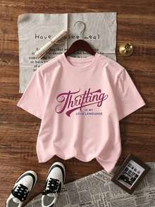 1件女款夏季圓領寬鬆休閒套頭短袖T恤上衣，女款度假服裝粉紅色 - 粉色 - 查看 4