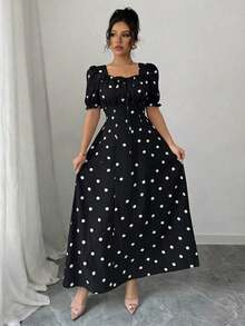YHHRafferiza Vestido cuadrado de mujer con estampado floral elegante, con volantes, manga con volantes, adecuado para primavera, verano y otoño, vestido corto con lunares, vestido largo elegante, vestido retro para mujer, vestido vintage para mujer, vestidos de lunares para mujer, nuevo vestido de mujer con lunares, vestido largo de lunares, vestidos de lunares para mujer, vestido de lunares vintage, vestido de lunares, nuevo vestido negro de lunares para mujer, vestido de lunares con manga abullonada para mujer, vestido midi de lunares para mujer, vestido de lunares con cuello cuadradoYHH - Negro - Ver 5