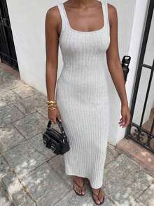 maxi informal sin mangas con abertura lateral, atuendo de mujer - Gris Claro - Ver 5