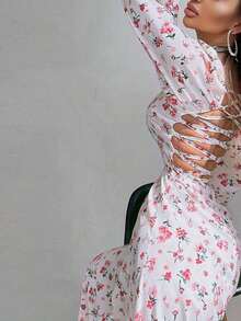 Vestido largo primavera 2026, estampado con espalda descubierta, abertura y lazos ajustables - Rosa - Ver 2