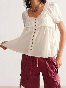 Blusa holgada de manga corta de unicolor tejida de estilo casual para mujer - Café integral - Ver 11