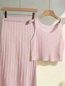 Conjunto de dos piezas de vestido maxi de punto hueco de unicolor vintage elegante para mujer, conjunto casual para ciudad, vacaciones y playa en verano - Rosa - Ver 5