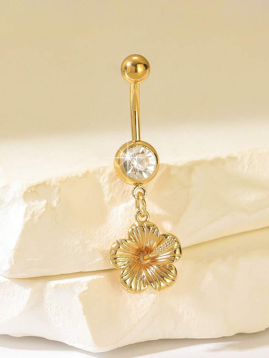 1 Stück eleganter goldener Blumen Bauchnabelring aus Edelstahl, geeignet für den täglichen Gebrauch von Frauen - Goldgelb - Übersicht 1