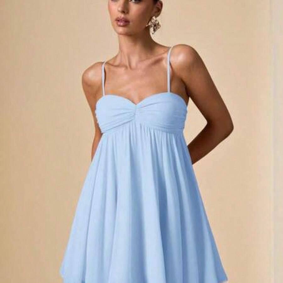 Sleeveless Spaghetti Strap Solid Pink Elegant Sweet Cute Mini Sundress, Mini Dress, Suitable For Romantic Dates, Parties, Formal Gatherings, Bridesmaid Dresses, Women's Summer Dress, Tea Party Dress, New Year, Valentine's Day, Birthday Mini Dress, Pink Dress, Casual Dress, Summer Dress - Celeste - Ver 1