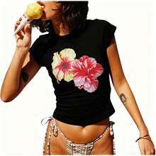Women's Crop Top With Fruit Print, Cute Retro 90s And Y2K Style, Super Cute Short-Sleeved Blouse, Ideal For Summer, Youthful And Casual Look That Every Girl Will Love HP9M - 黑色 - 查看 5