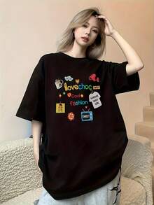 Talla Grande - Talla Grande - Camiseta de Manga Corta para Mujer Talla Grande Primavera y Verano Nueva Versión Coreana Holgada Damas Pullover Versátil Fácil Top Moda  Desplazamiento Top Mujer Camiseta de Color Sólido para Mujer - Negro - Ver 1