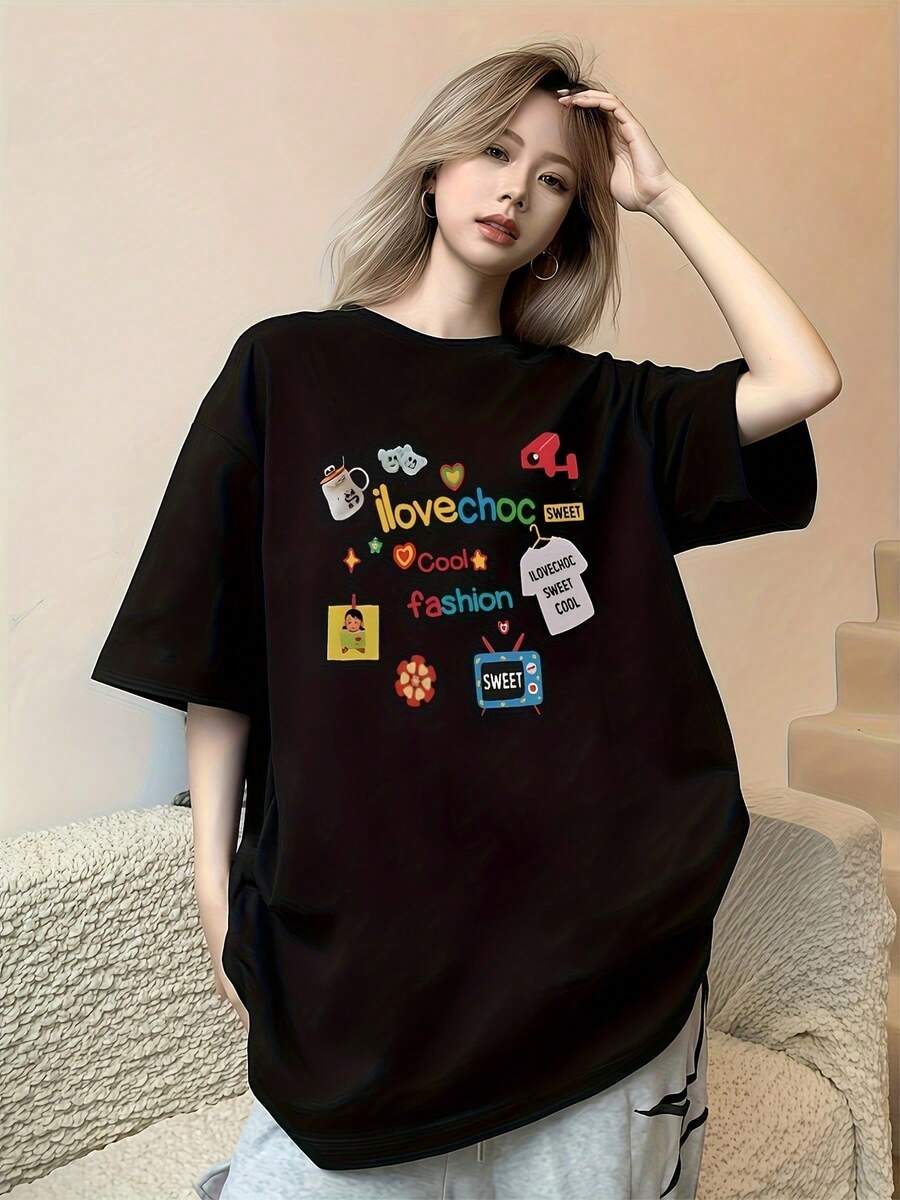Talla Grande - Talla Grande - Camiseta de Manga Corta para Mujer Talla Grande Primavera y Verano Nueva Versión Coreana Holgada Damas Pullover Versátil Fácil Top Moda Desplazamiento Top Mujer Camiseta de Color Sólido para Mujer - Negro - Ver 1