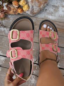 Wide Fit Solid Color Adjustable Metal Buckle Fashion Slides, Double Strap Design Open Toe Breathable Versatile Comfortable Lightweight Flat Sandals, Suitable For Daily Wear - Pink - View 2