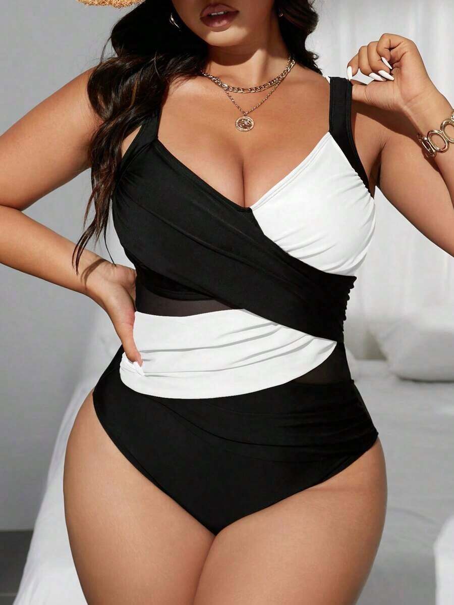 Swim  Traje de baño de una pieza de corte slim, con parches de malla de dos tonos y cruzados, para mujer de talla grande.Ideal para el verano y las vacaciones en la playa. - Blanco y Negro - Ver 1