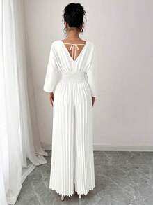 Mono elegante de pierna ancha con escote cruzado en V, mangas tipo murciélago y pliegues, en color liso para mujer - Blanco - Ver 4