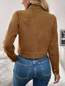 Chaqueta corta de carga de mujer con botones metálicos decorados, cálida y gruesa, adecuada para otoño/invierno - Caqui - Ver 2