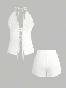 Conjunto de 2 piezas de top con escote en V y espalda descubierta con lazo, y shorts elásticos para mujer, adecuado para el hogar, la playa, citas, festivales de música, San Valentín y otras ocasiones, elegante en negro para el verano - Blanco - Ver 4