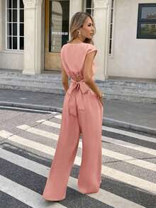 Conjunto de 2 piezas de blusa y pantalones con lazo en la espalda de unicolor para mujer, un conjunto de top holgado y pantalón de pierna ancha con lazos en la espalda, unicolor, elegante y casual, adecuado para el uso diario, primavera/verano - Rosa coral - Ver 2