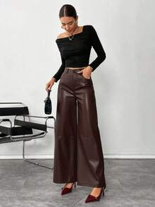 Pantalones de piel lisos con botón delantero, pantalones casuales minimalistas para mujer, para uso diario, prendas inferiores para mujer - Café integral - Ver 2