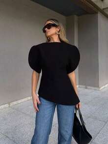 Blusa negra de mujer con cuello redondo, mangas de pétalos y bajo asimétrico, nueva y elegante para el verano - Negro - Ver 12