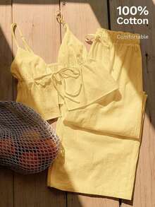 2 piezas de top de tirantes y pantalones de lino de verano para mujeres - amarillo ganso - Ver 10