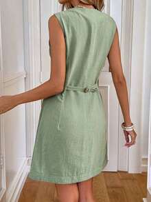 Vestido mini casual con botones y bolsillos para mujer - Verde - Ver 3