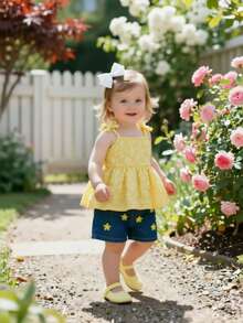 Bộ đồ hè 2 món cho bé gái - Áo hai dây màu vàng nhạt họa tiết hoa dễ thương có nơ và quần short denim thêu hoa cúc. - Màu vàng - Xem 3