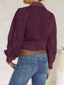 Blusa blanca de mujer, blusa blanca de manga larga con empuñadura de unicolor bordada, adecuada para uso diario, viajes, Día de la Madre, cumpleaños y fiestas en la playa - Rojo violeta - Ver 9