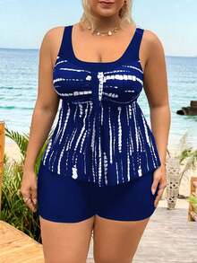 Swim Lushoire Conjunto de tankini con estampado total - Top y shorts negros para tallas grandes - Azul marino - Ver 7