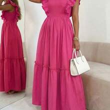 Women's Elegant Holiday Solid Color Cap Sleeve Ruched Patchwork Short Casual Dress, Spring/Summer - Café - Ver 2