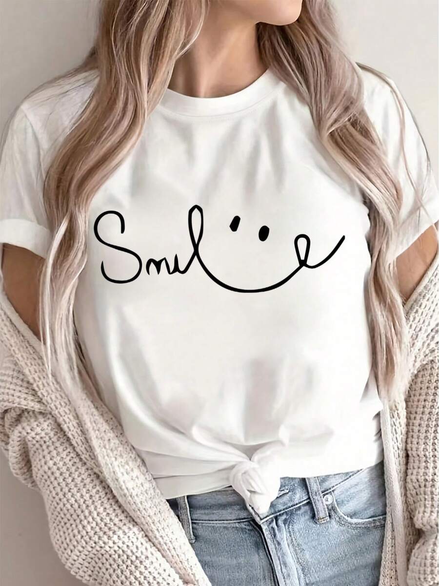 Moda Femenina Manga Corta con Estampado de Letras