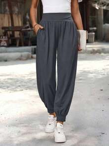 Pantalones casuales de mujer de cintura alta, plisados, con bolsillos y cordón - Gris - Ver 9