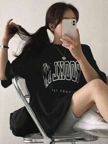 Oversized Urban Style T-Shirt With Graphic Letter Print And Dropped Shoulders - 黑色 - 查看 4